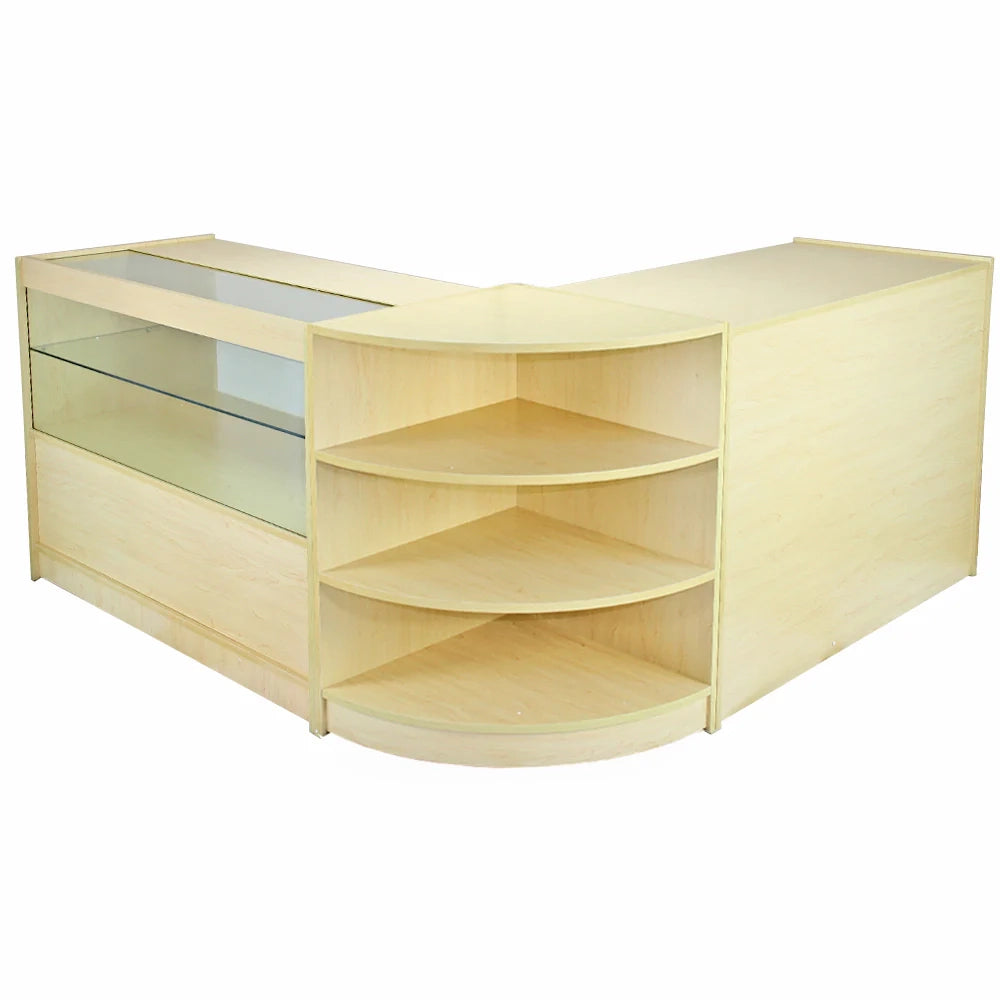 Set Nova con 3 Banconi da Negozio e Reception con Finitura in Acero Laminato