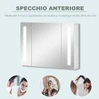 kleankin Armadietto Specchiera da Bagno con 3 Armadietti, 3 Ripiani e Luce LED, 90x15x65 cm, Bianco