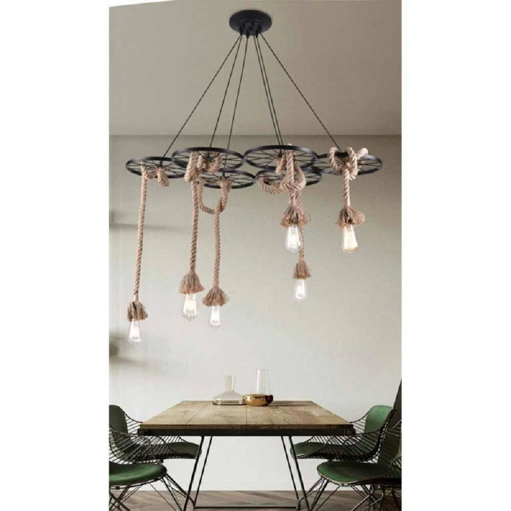 Trade Shop - Lampadario A Sospensione Con Corde Canapa 6 Portalampada E27 Retrò Country A89-6 -