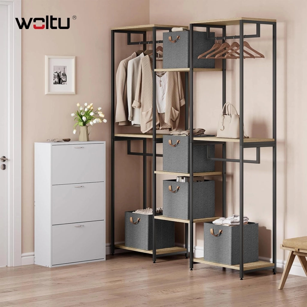 Set di 5 Cubi di Tessuto, Scatole Ripiegabili da Ripiano con Maniglia e Telaio in Metallo, Grigio, 32,5x32,5x31cm