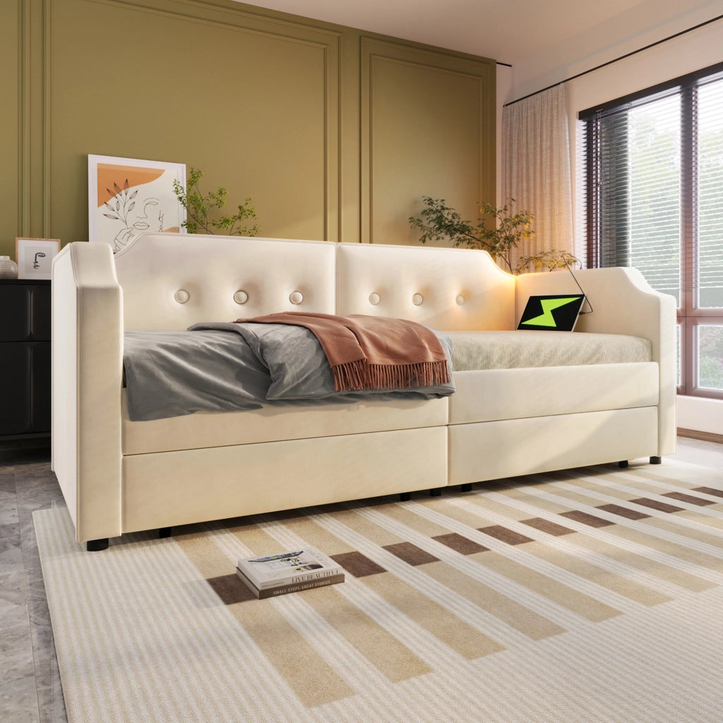 LETTO 90x200 cm in Velluto Beige con USB Type C, Lampada da Lettura e 2 Cassetti