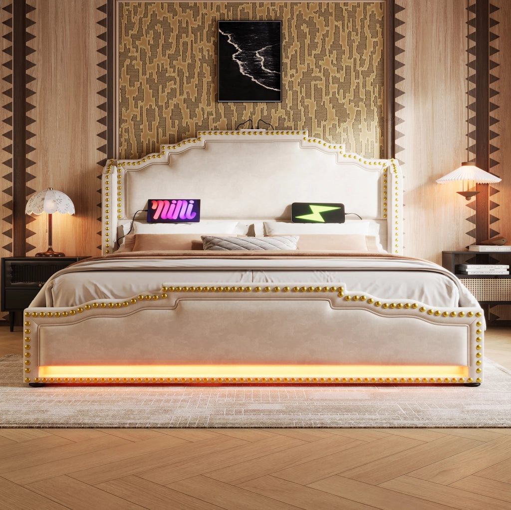 Letto matrimoniale 180x200 cm in velluto beige con LED; porte USB e 4 cassetti