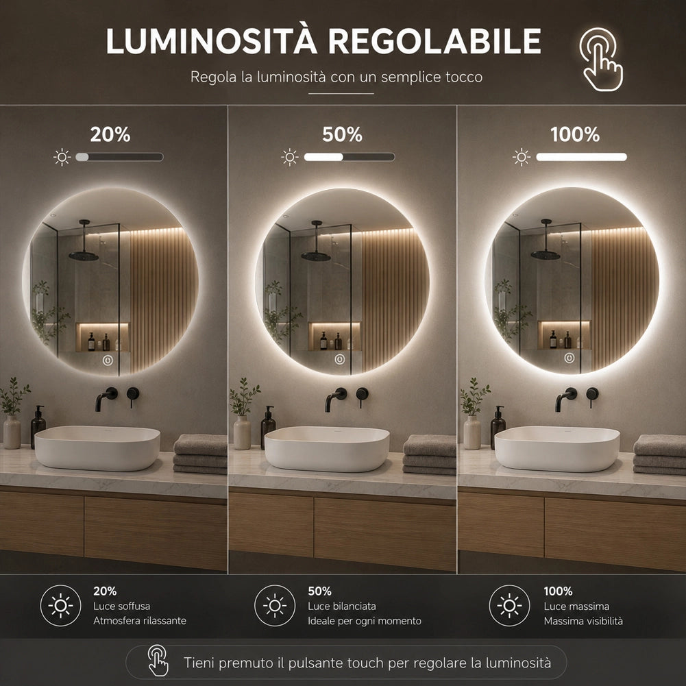 Specchio Tondo Diametro 60cm Led a 3 Colori Decorazione Interni Accensione Touch