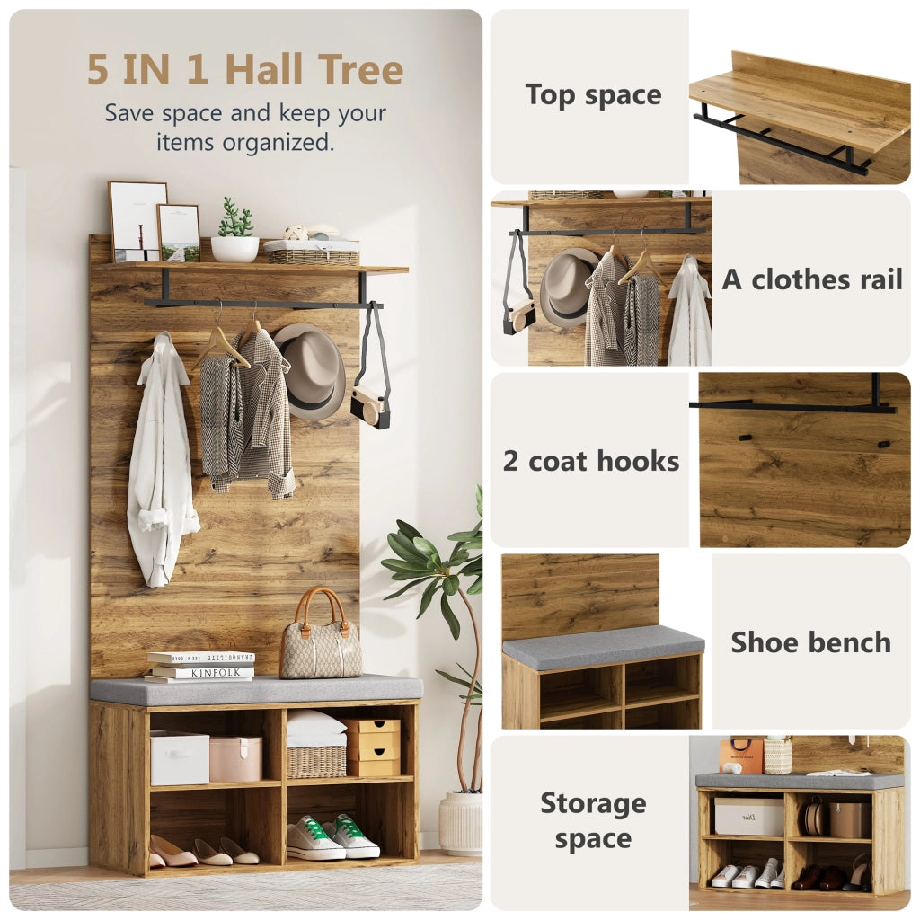 Mobile da ingresso con scarpiera imbottita, ripiano regolabile, asta appendiabiti e 2 ganci, in truciolare, rovere, 84 × 35 × 175 cm
