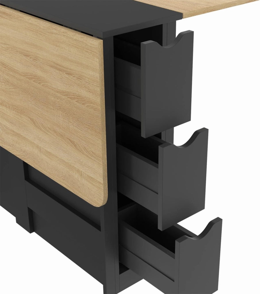EDI Consolle pieghevole per 2-4 persone con 3 cassetti neri, piano effetto faggio 103 x 76 cm