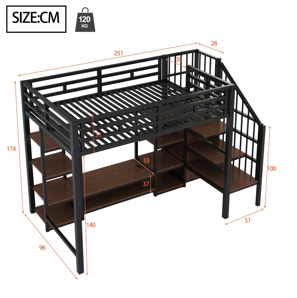 Letto a soppalco 90x200 cm con supporto TV; presa integrata e scala portaoggetti; nero