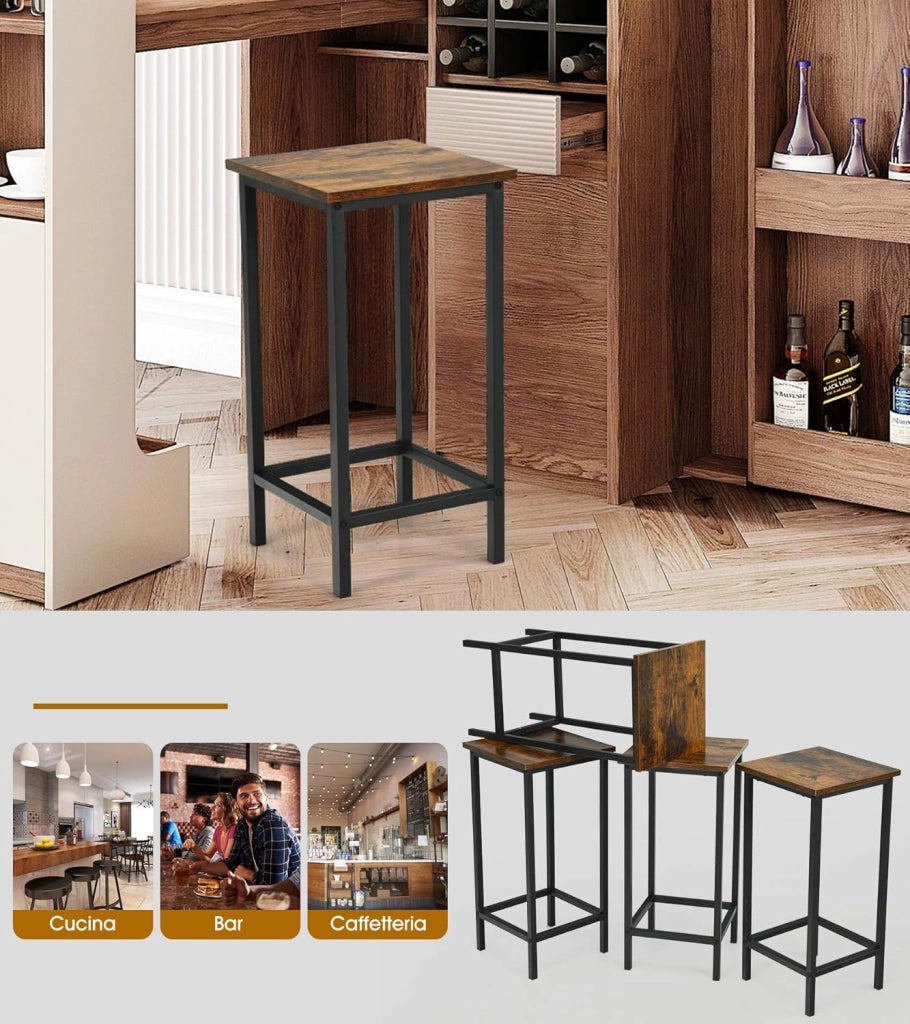 Set di 4 Sgabelli da Bar, Sgabello Sedie Alta con Poggiapiedi, Stile Industriale per Cucina, Soggiorno, Sala da Pranzo, Capacità 100kg (30x30x62 cm)