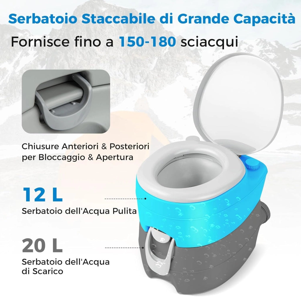 20L Toilette Portatile con Serbatoio d'Acqua Rimovibile a Maniglia,WC Chimico Comodo per Campeggio, Water Portatile per Adulti e Anziani, Supporto Carico 150kg, 45 x 40 x 42 cm, Grigio