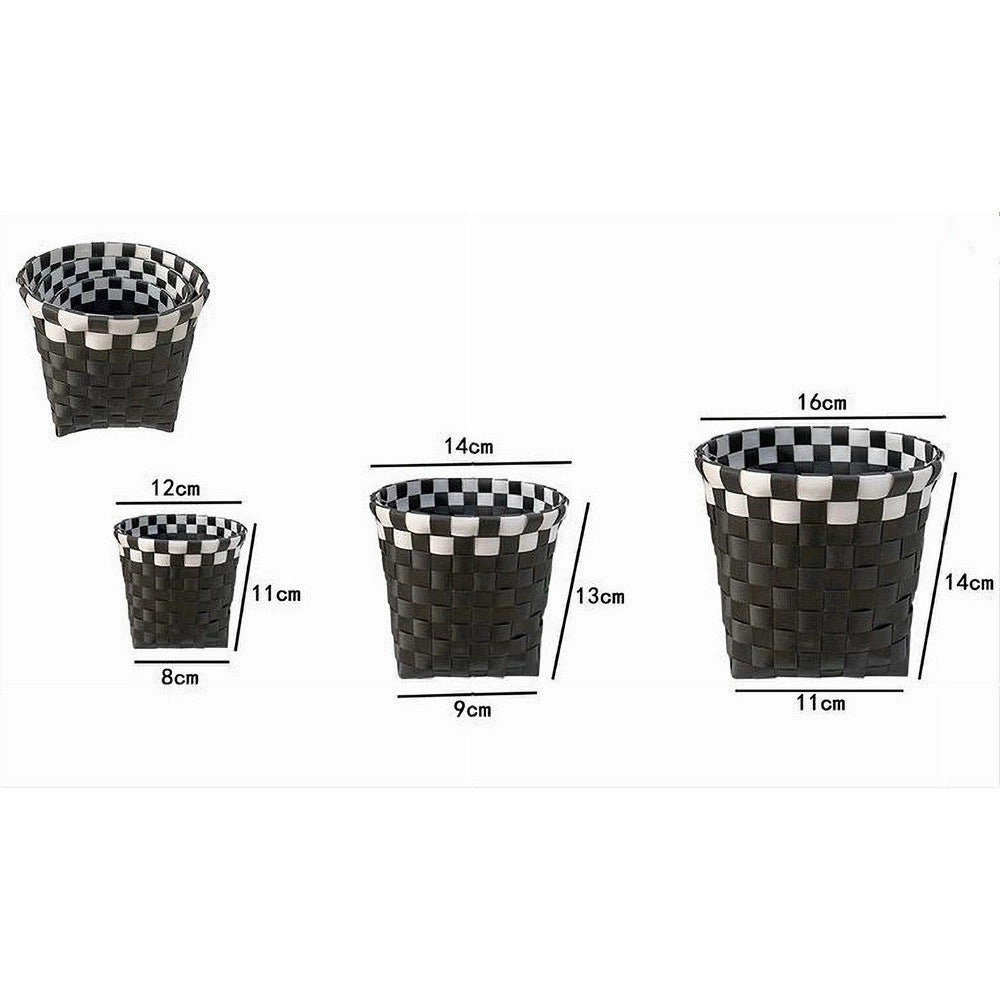 Trade Shop - Set 3pz Cestini Porta Oggetti Organizer Tessuto Bagno Rotondi Nero Bianco 59073 -