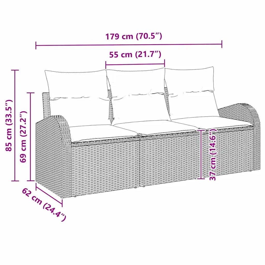Set Divano da Giardino con cuscino 3 pcs Nero Poly Rattan