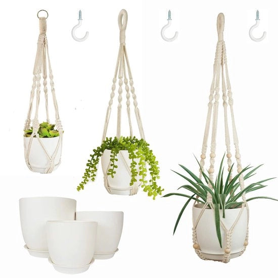 Hanger per piante in macramé con vasi e ciotole, 3-set di vasi per piante da appendere, supporti per piante con ganci, 34", 26", 20