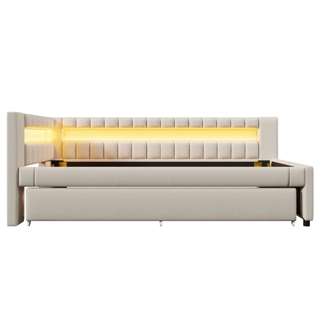 Letto imbottito multifunzione 90x200 cm con LED, USB e letto estraibile