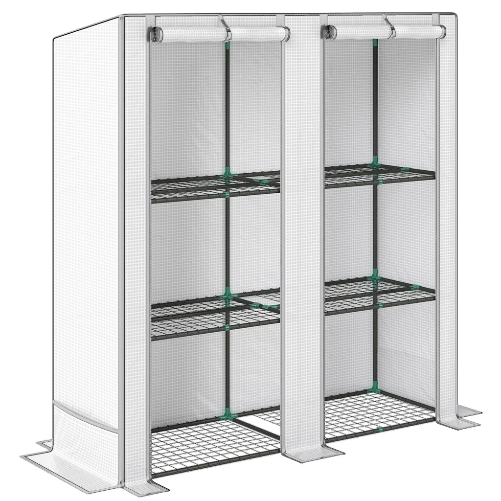Serra da Giardino  144x48x142-152 cm con 2 Porte Avvolgibili 3 Ripiani e Tasche Laterali in PE Bianco e Grigio