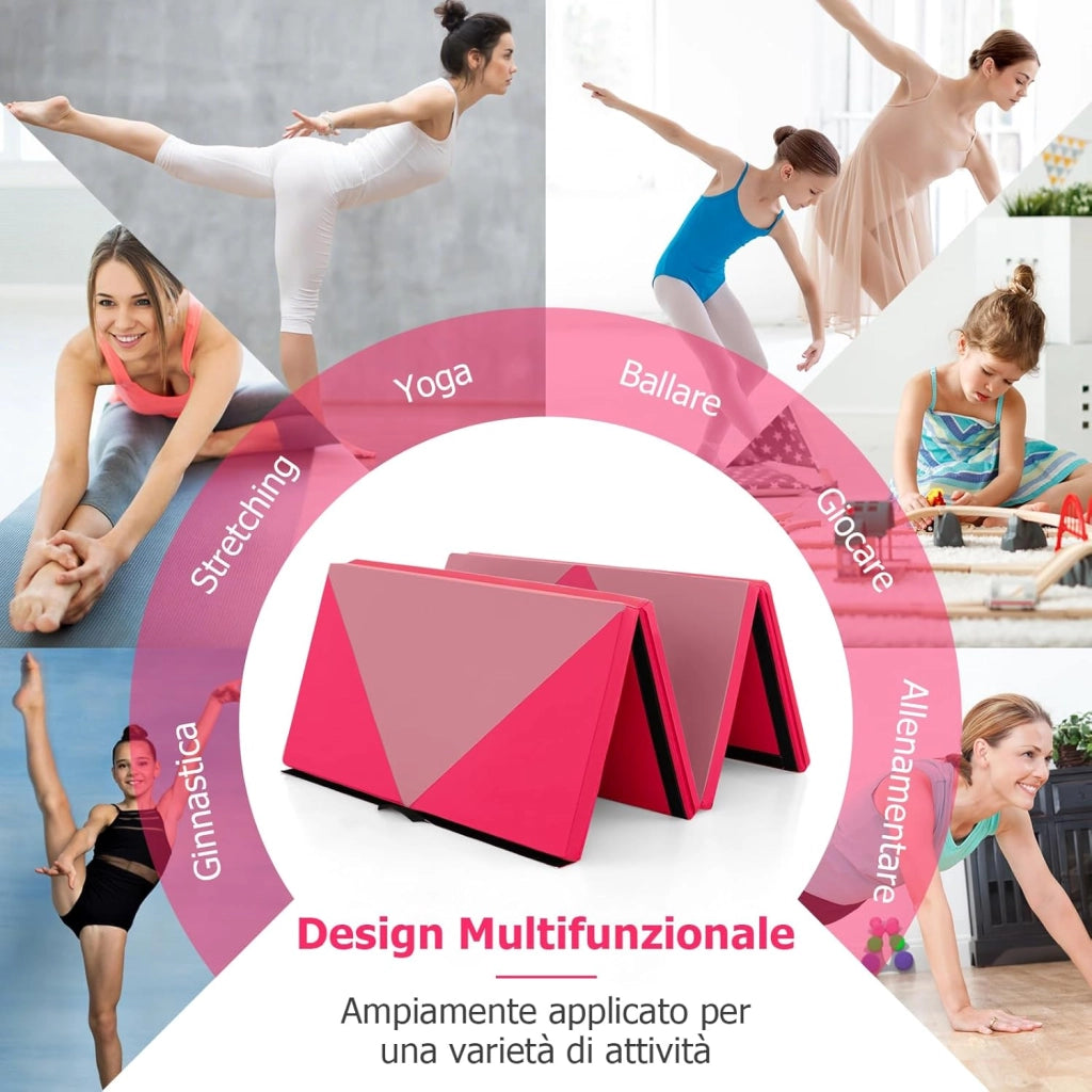Tappetino Ginnastica Pieghevole 240 CM, Tappetino per Tumbling in Pelle PU con Chiusure a Strappo per Stretching, Yoga, Arti Marziali da Casa, Palestra e Fitness