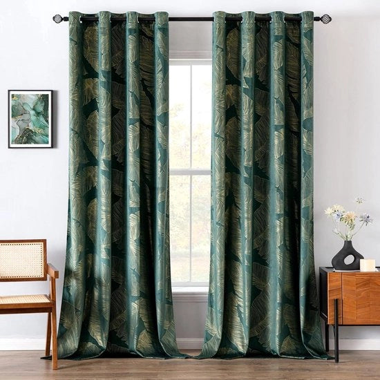 Gordini in velluto con disegno a foglia dorata | Verde scuro | 175 cm alto | Opaco | Per salone e camera da letto | Molto morbidi