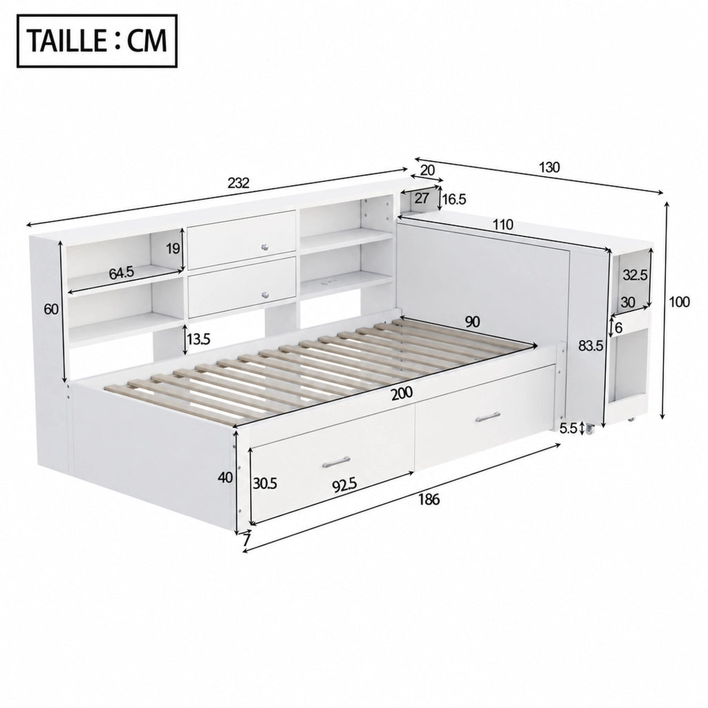 DESMIU Lit simple 90 × 200 cm con scrivania estraibile, 2 cassetti, USB e presa, senza materasso, legno, bianco