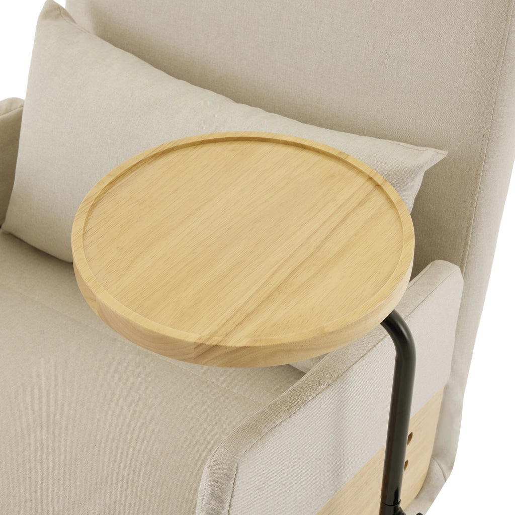 Poltrona reclinabile 3 in 1 in lino beige con tavolino in legno, cuscino e schienale regolabile