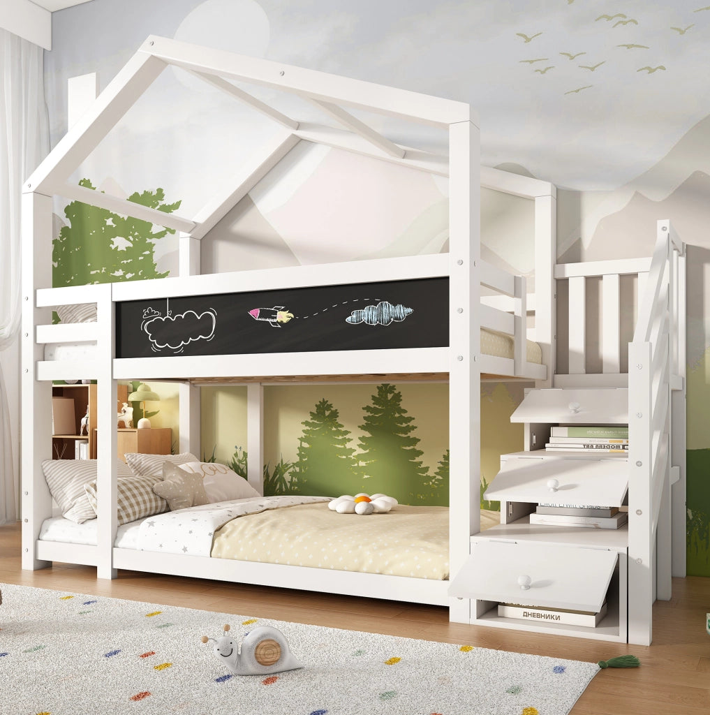 Letto a castello a forma di casa ULEVR 90x200 cm bianco con scala contenitore e lavagna