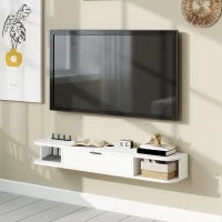 Mobile TV sospeso, per televisori fino a 127 cm, cassetto ribaltabile, 2 ripiani 120x24x16cm, Bianco