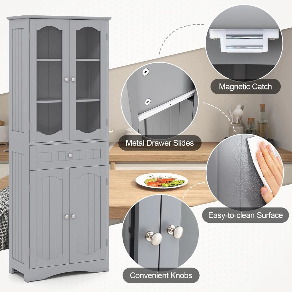 Mobile da Bagno a Terra, Armadietto da Bagno Alto, Mobiletto da Bagno Moderno, con 4 Ante in Vetro e 1 Cassetto, Ripiani Regolabili in Altezza, Ampio Spazio di Stoccaggio per Casa (Grigio)