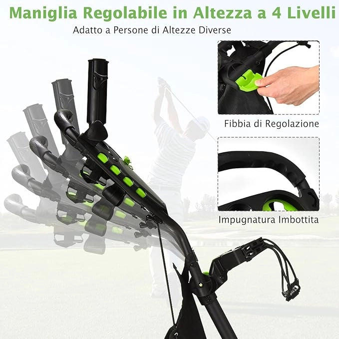 Carrello da Golf a Spinta e a Trazione, Carrello Golf Pieghevole Leggero a 4 Ruote con Borsa Impermeabile, Freno a Pedale, Porta Tazza e Porta Ombrello Regolabile(Verde)