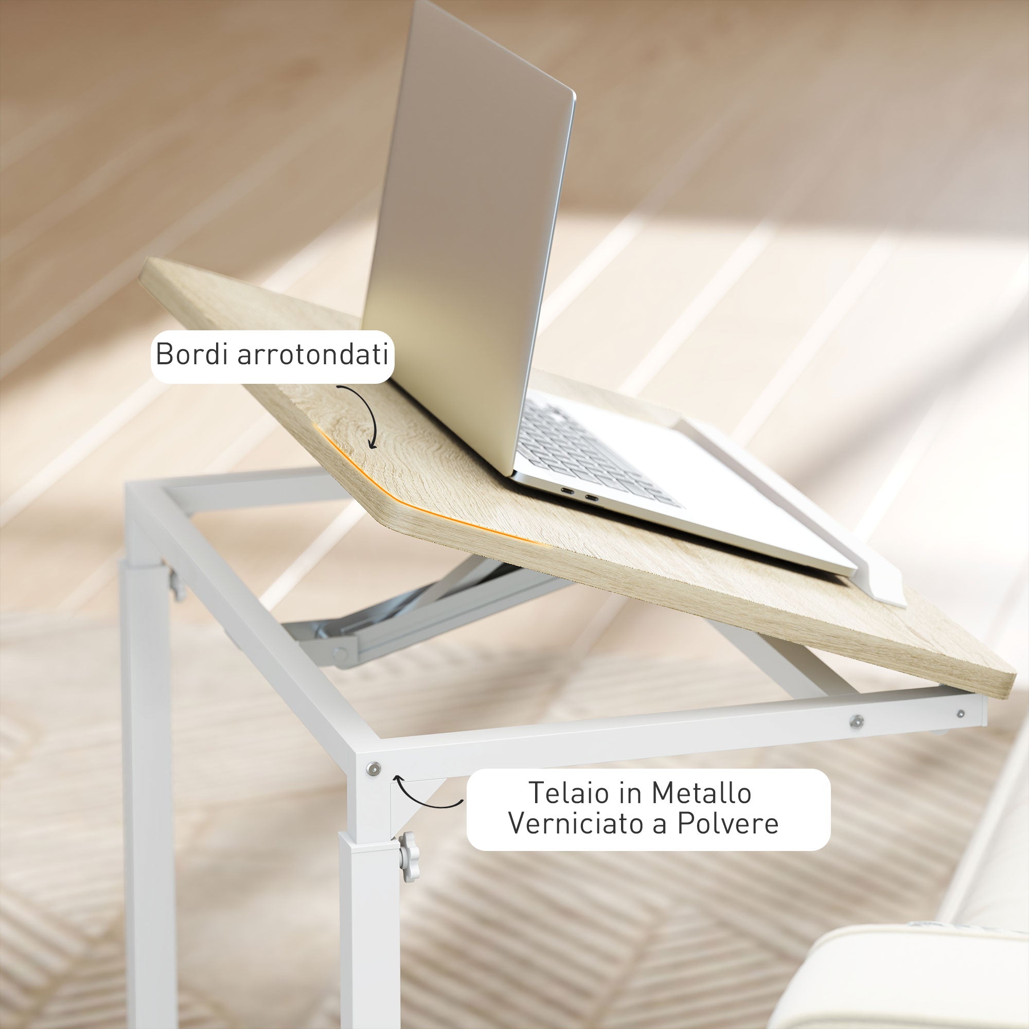 Tavolino da Lavoro Regolabile 55x36x62,5-82,5 cm con Piano Inclinabile in Legno e Metallo Bianco e Rovere