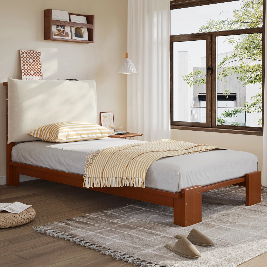 letto imbottito legno e tessuto marrone scuro 90 x 200 cm