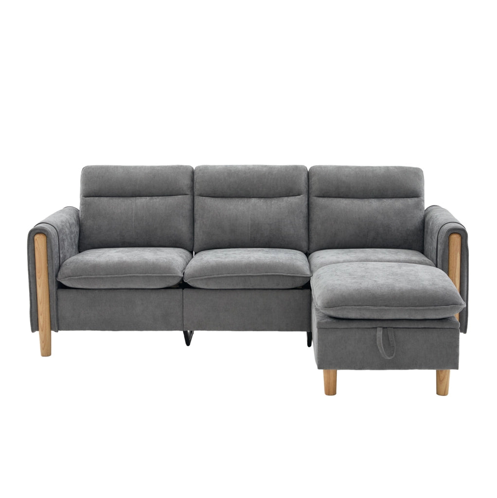 Divano angolare modulare a 3 posti con pouf contenitore; 201x77x86 cm; chenille grigio chiaro
