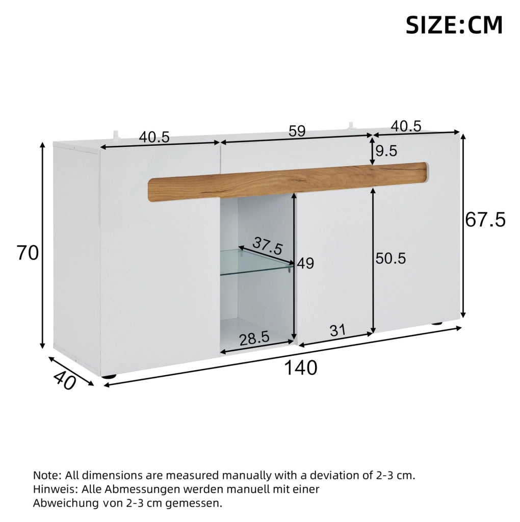 Credenza 140x40x70 cm con LED controllato da app e 3 ante in truciolato bianco e naturale
