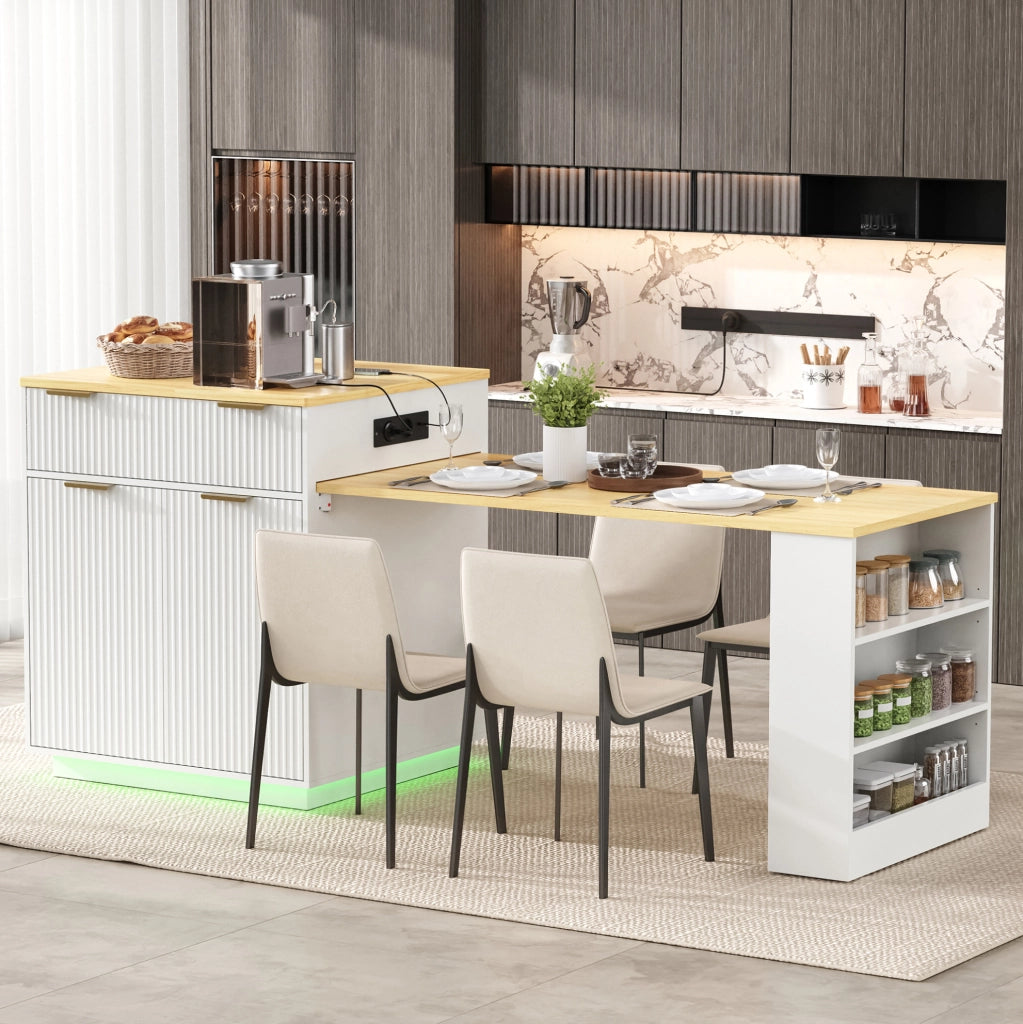 Isola cucina con tavolo estraibile, LED e prese USB, bianca