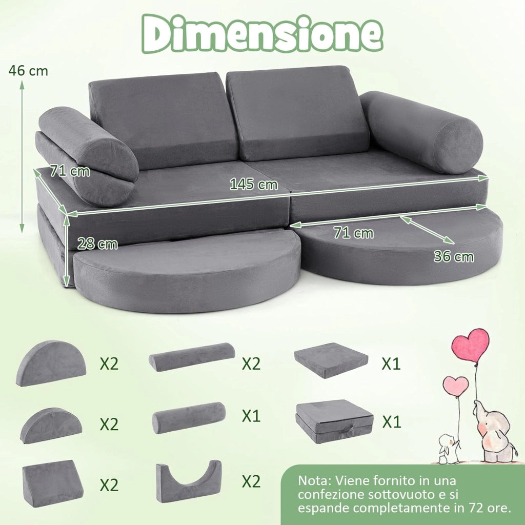 Divano in stile Block 13 Pezzi per Bambini, Divanetto Convertibile per Asilo, Cameretta e Soggiorno, Cuscini Bambini Gioco Blocchi (Grigio)