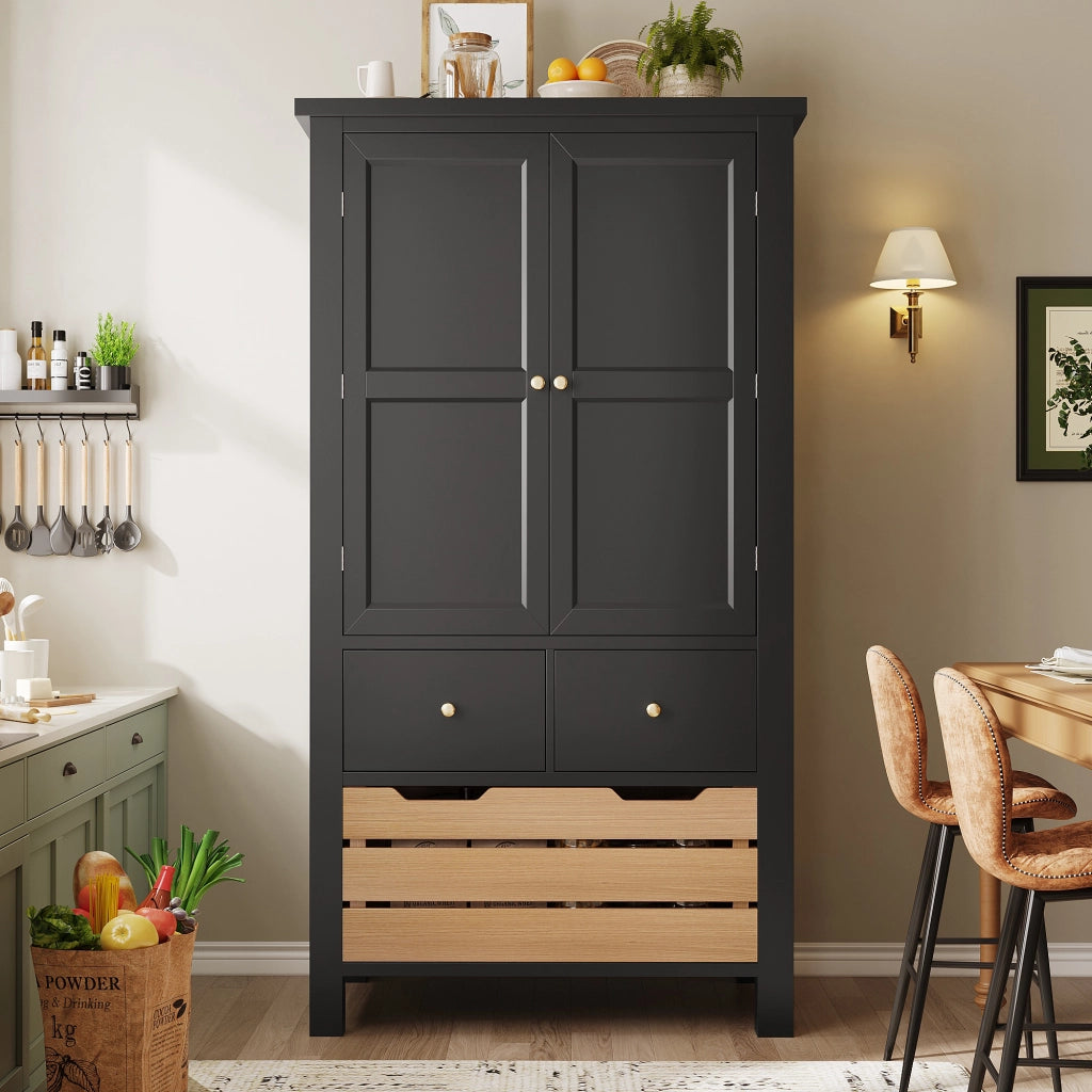 Credenza Alta da Cucina con 2 Ante; 5 Cassetti e 2 Ripiani Fissi; con Dispositivo Antiribaltamento; in MDF e Metallo; 80x40x140 cm; Nero
