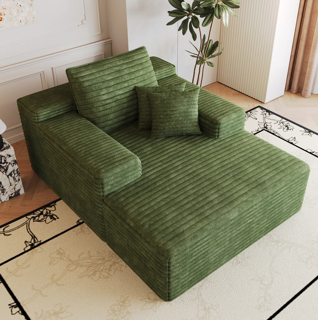 Divano chaise longue in velluto a coste verde con schiuma ad alta elasticità