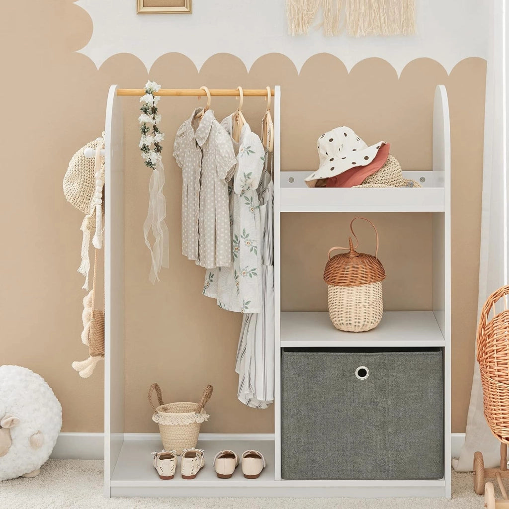 Armadio Cameretta Armadio Bambini con 3 Scomparti, Contenitore Tessuto e 3 Ganci Laterali Guardaroba con Appendiabiti per Bambini Bianco 97x35x108 KMB40-W