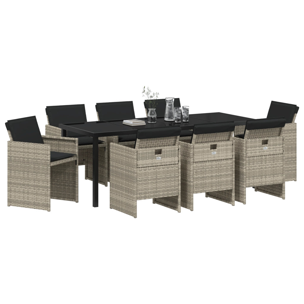 Set da Pranzo da Giardino con 9 Pezzi e Cuscini Grigio Chiaro Rattan Polare