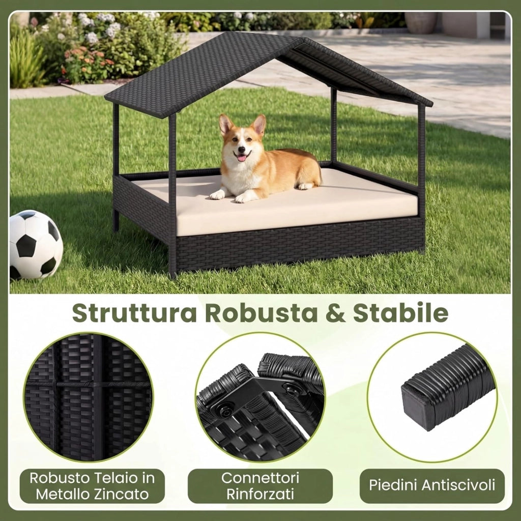 Casetta per Cani da Esterno e Interno, Letto Rialzato in Rattan con Struttura in Metallo, Tetto Impermeabile e Cuscino Rimovibile, per Cani di Taglia Piccola e Media fino a 60 KG (Beige)
