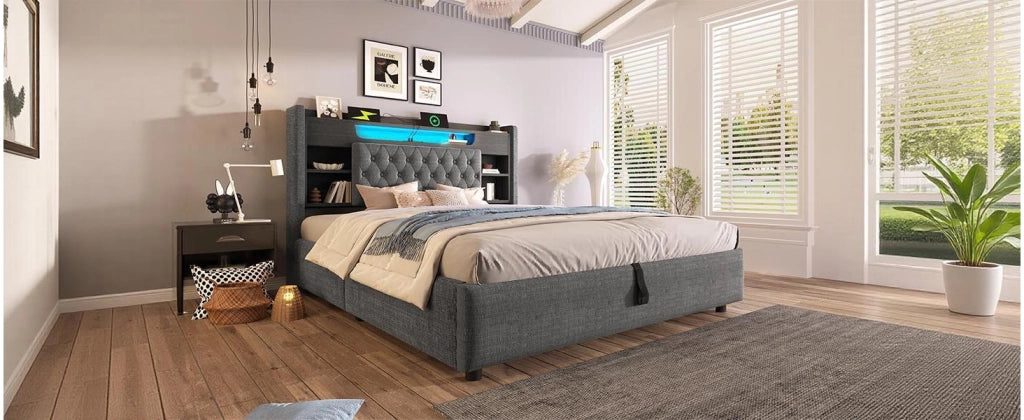 Letto contenitore matrimoniale 140 × 200 cm con LED, USB e Type-C, testiera con ripiani, senza materasso, grigio