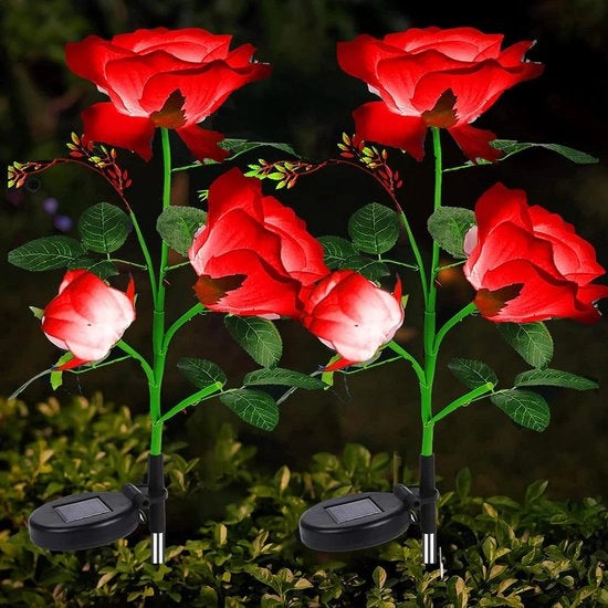 Illuminazione esterna alimentata da energia solare - Lampade solari da 2 pezzi con 6 grandi fiori rosso porpora - impermeabili per via, giardino, matrimonio, festa, cancello