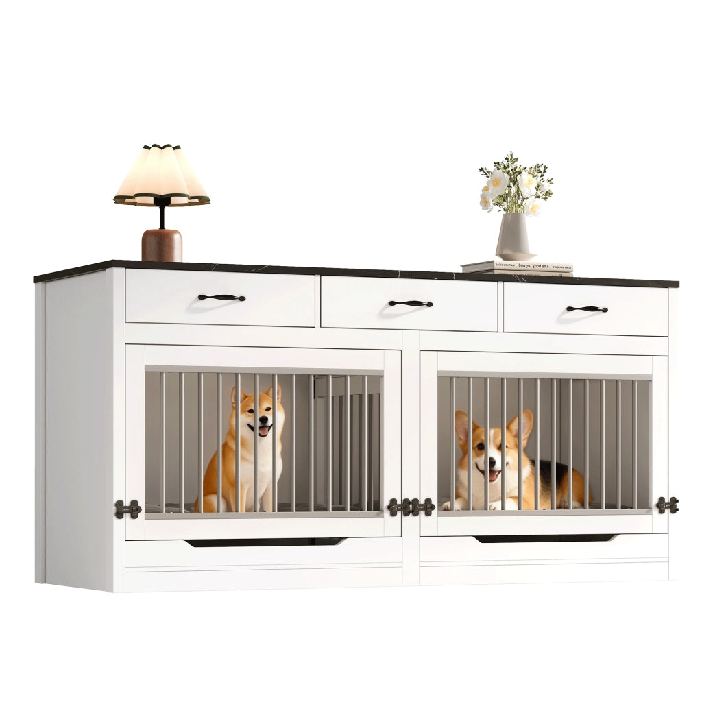 Cuccia per cani in legno e metallo con sportello ribaltabile, divisorio removibile e 3 cassetti, bianco e nero