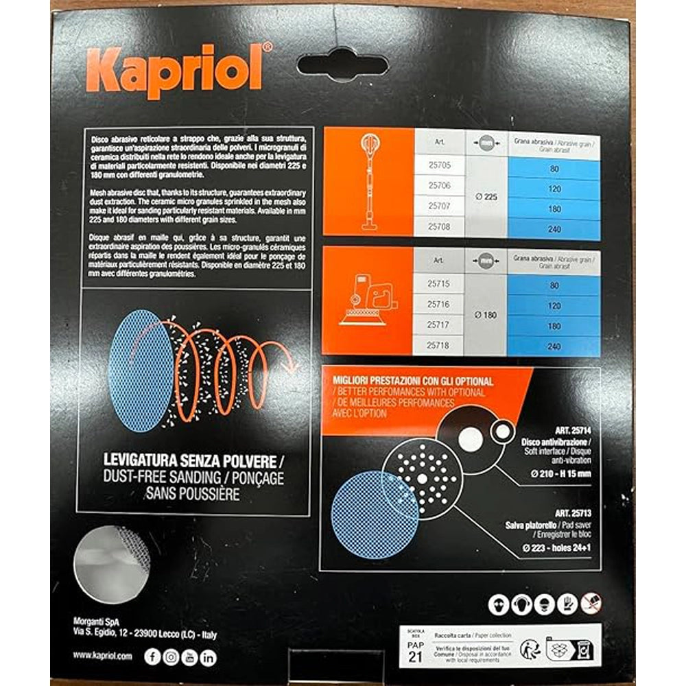 DISCO ABRASIVO RETICOLATO A STRAPPO LEVIGATRICI Ø225mm GRANA 120 10PZ KAPRIOL