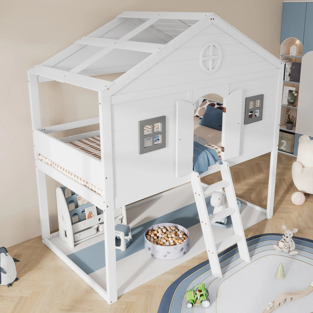 Letto a castello con scala bianco grigio in legno massello e MDF 90x200 cm