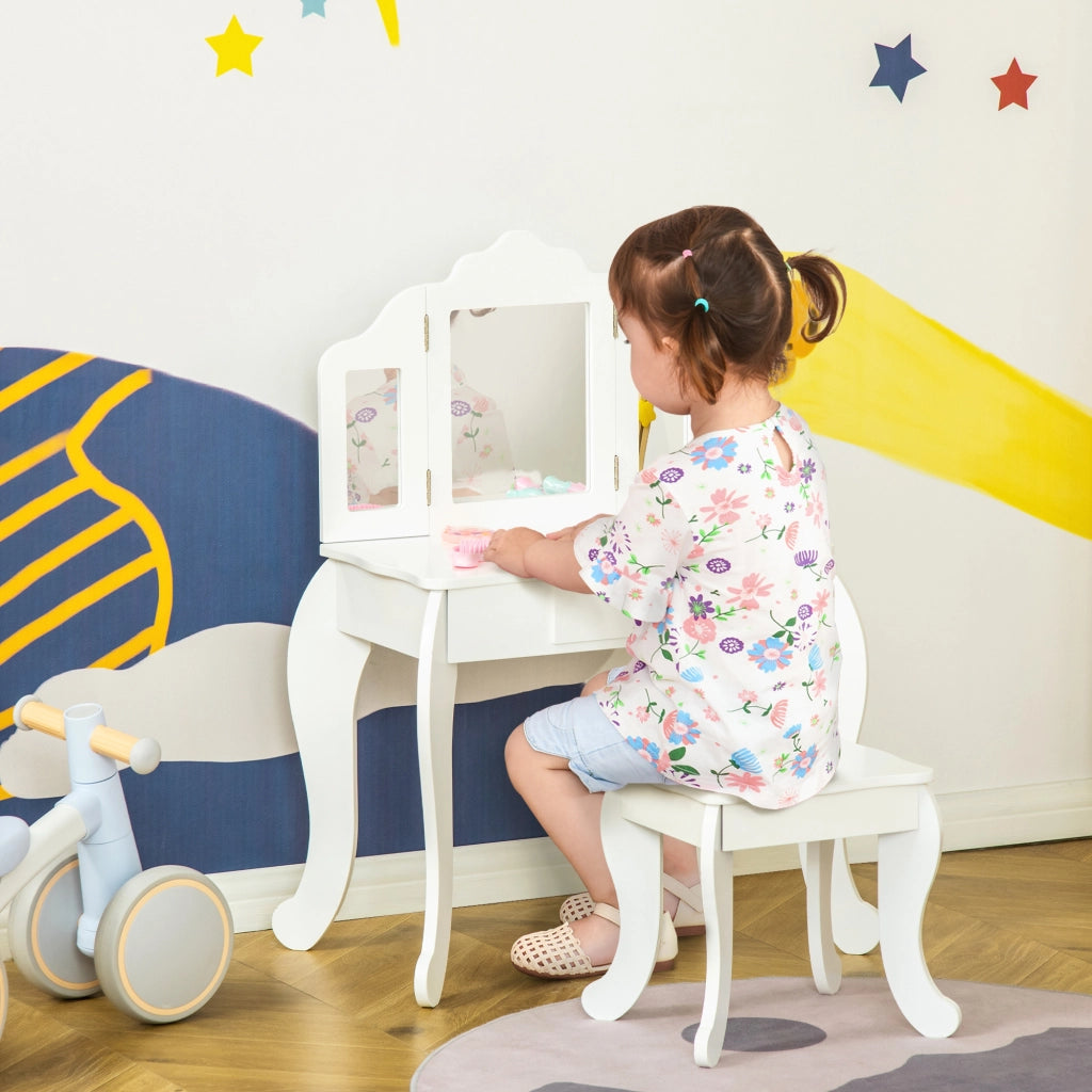 Tavolo da Trucco per Bambini con Sgabello e Triplo Specchio. in Legno e Acrilico. 63x40x85.5 cm. Bianco