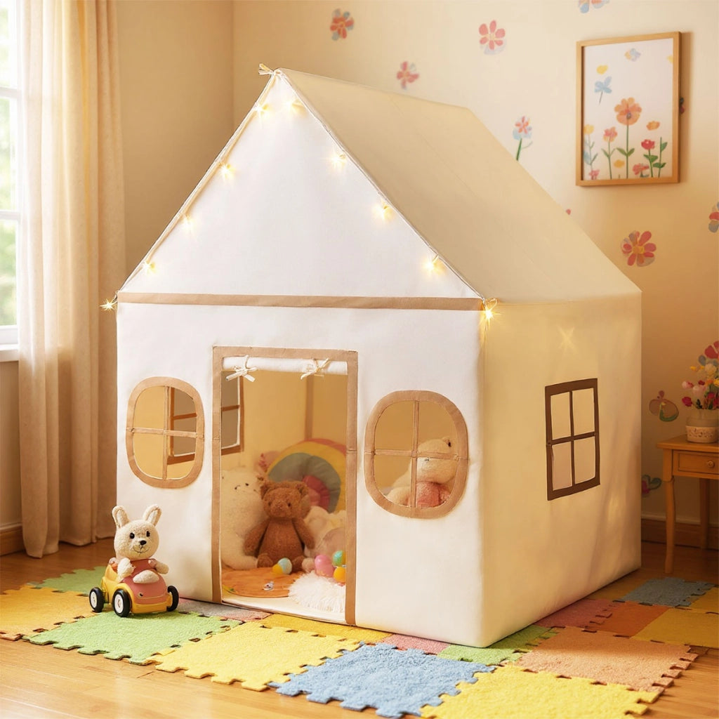 Tenda da gioco per bambini con tenda porta e finestre e luci a stella-Tenda da interno per bambini e bambine 3-10 anni Caff¨¨