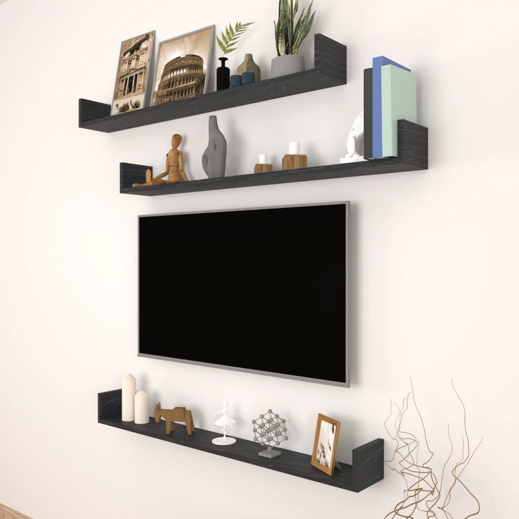 Set 'Höganäs' 3 Mensole da Muro - Consolli Pensili con Piano d'Appoggio a Forma di U - Largo 120 cm - Effetto Marmo Nero [en.casa]