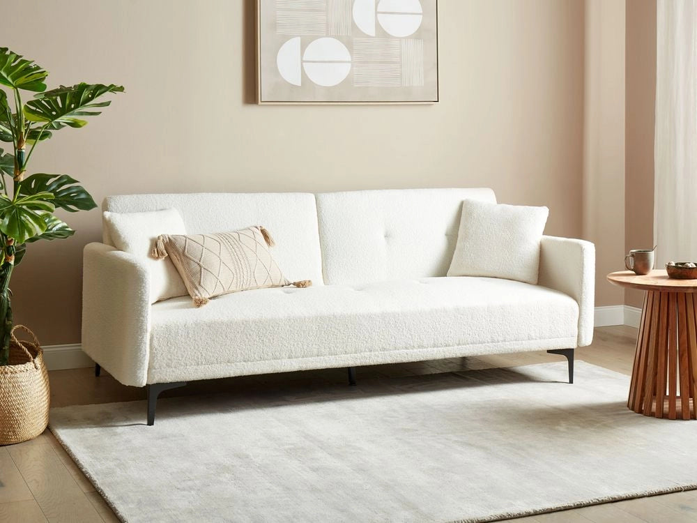 Divano letto moderno in tessuto bouclè bianco sporco a 3 posti con schienale con bottoni gambe nero design moderno scandinavo