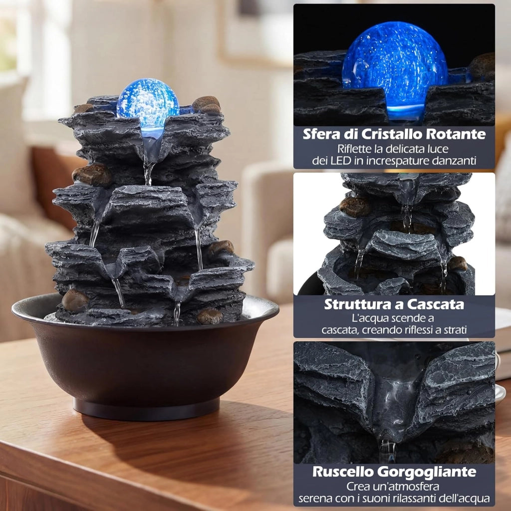 Fontana Zen da Interno, Fontana da Tavolo a Cascata con Luce LED, Pompa Silenziosa e Velocità dell'Acqua Regolabile, Fontanella Decorativa per Soggiorno, Ufficio e Camera da Letto (Modello 2)
