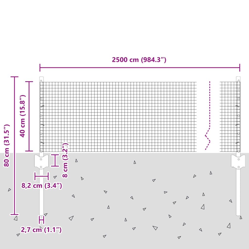 Recinzione Rete Saldato con 11 Pali Argento 0.4x25 m Acciaio