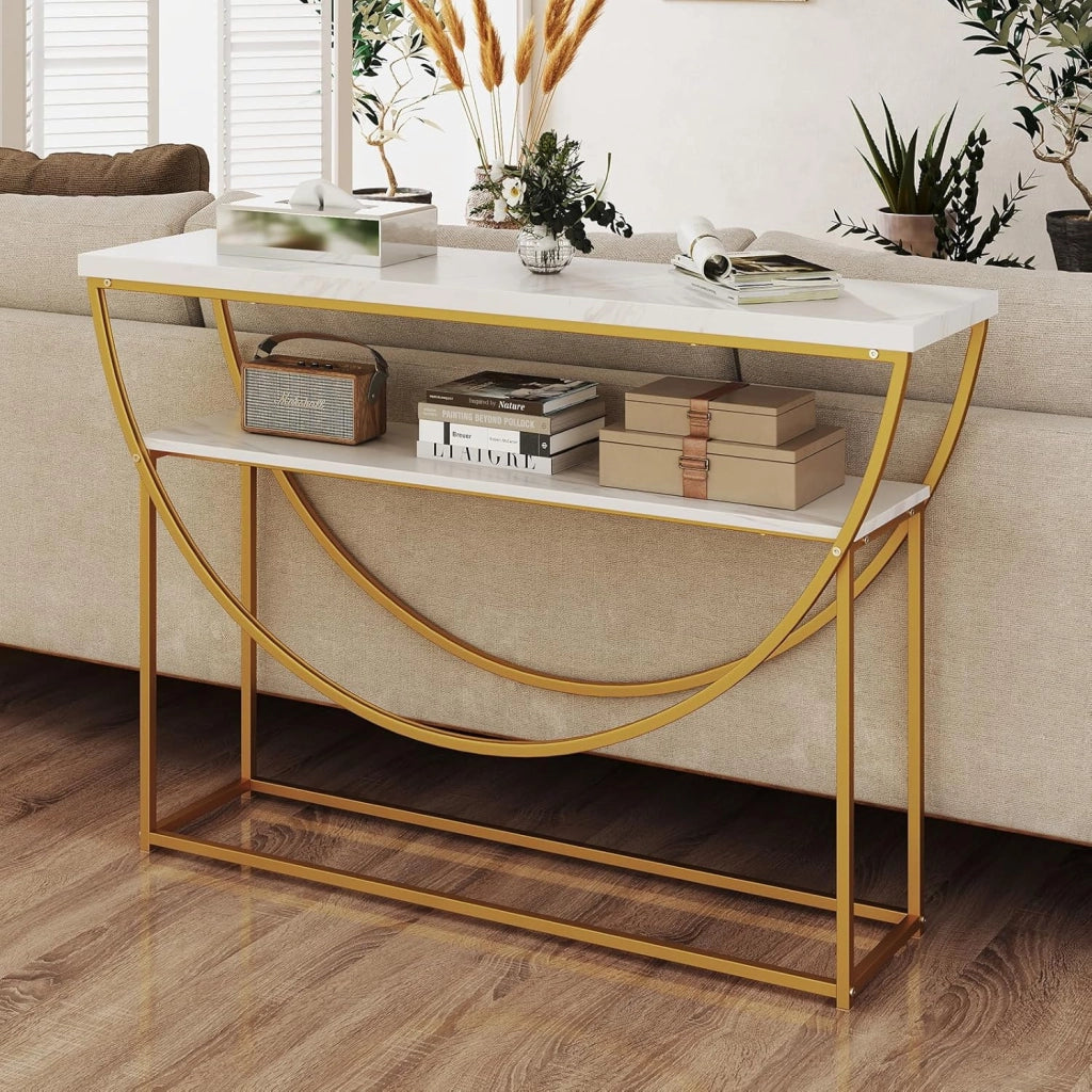 Tavolo consolle a 2 livelli, 120 x 30 x 80,5 cm, effetto marmo e telaio in metallo, tavolino ausiliario stretto per ingresso, corridoio e soggiorno