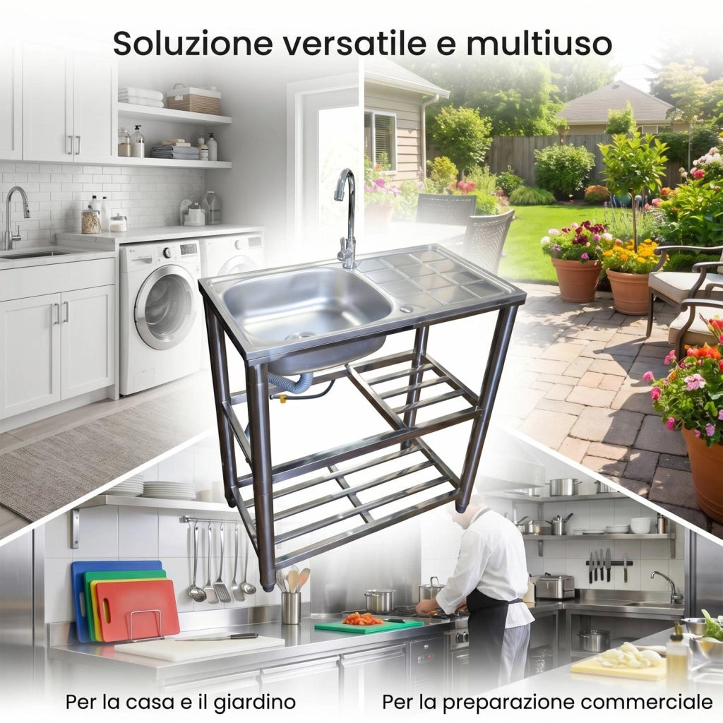 Lavandino in Acciaio Inox Autoportante con Rubinetto e 2 Ripiani – Lavello 1 Vasca con Gocciolatoio Reversibile da Cuc