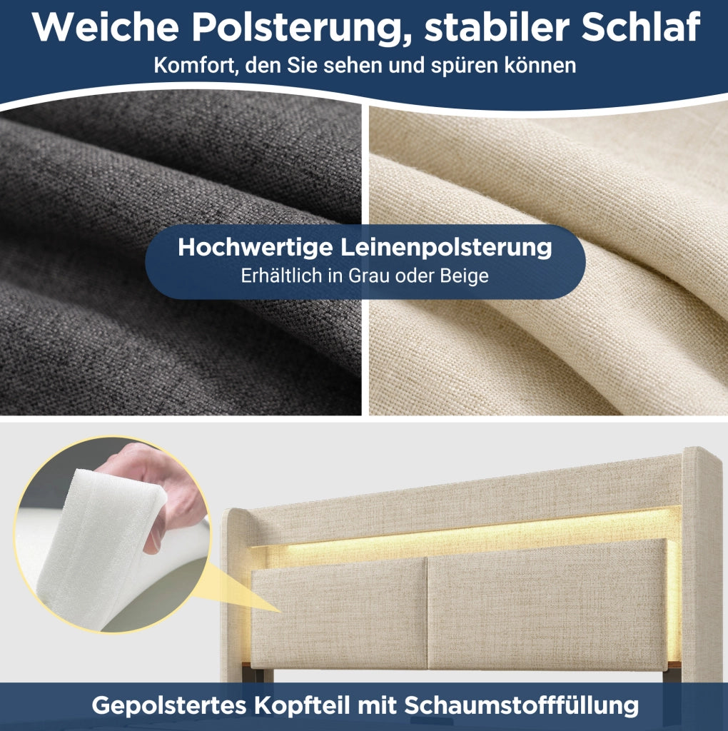 Letto imbottito 140x200 cm con vano idraulico; cassetto; LED; USB e USB-C; lino beige